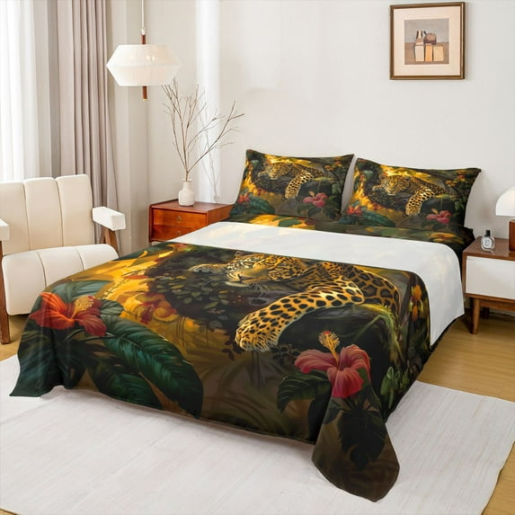 Feelyou Jungle Cheetah Leopard Full Size Sheets, Flower Leaves Bed Sheets, 4 Pieces