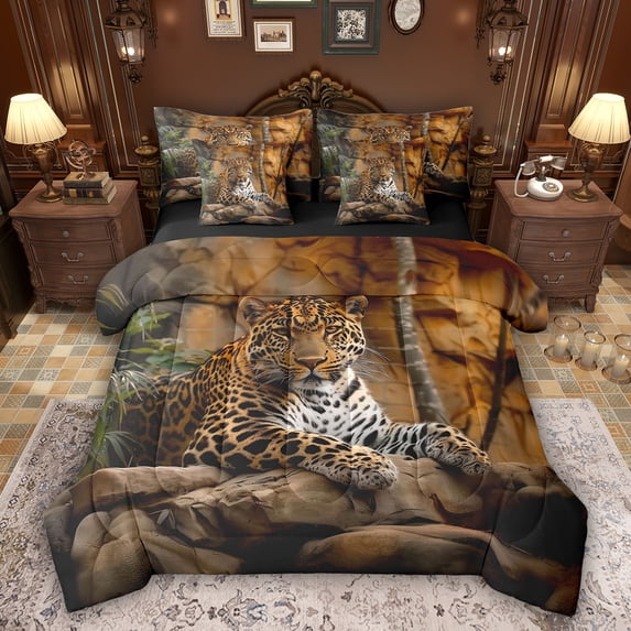 Feelyou Jungle Cheetah Leopard Twin Bedding Sets 7pcs, Rustic Bedding Comforter Set