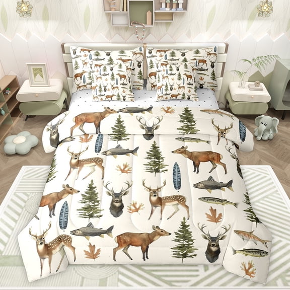 Feelyou Jungle Deer Elk Bedding Comforter Set 7pcs, Hunting and Fishing King Bedding Sets