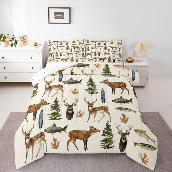 Feelyou Jungle Deer Elk Twin Comforter Sets, Hunting and Fishing Bedding Set, 2-Piece