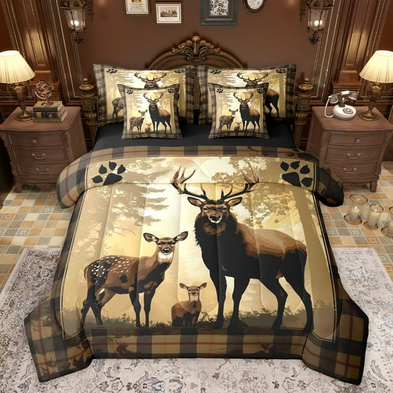 Feelyou Jungle Deer Family Bedding Comforter Set 7 Pieces for Teen, Vintage Buffalo Plaid Full Bedding Set, Rustic Wildlife Reversible Fitted Sheet Flat Sheet, Breathable Home Decor