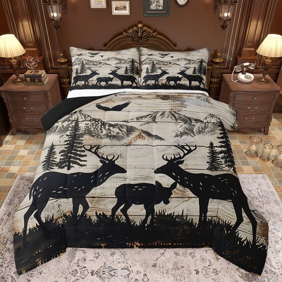 Feelyou Jungle Deer Family Full Size Comforter Sets, Western Animal Wildlife Bedding Comforter Set, Rustic Lake House Reversible Bedding Sets, Ultra Soft Bedroom Decor, 3 Pieces