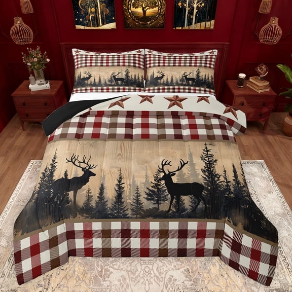Feelyou Jungle Deer Moose Bedding Comforter Set for Men, Tree Botanical PLant Twin Comforter Sets, Tribal Texas Stars Reversible Bedding Set, Breathable Home Decor, 2pcs