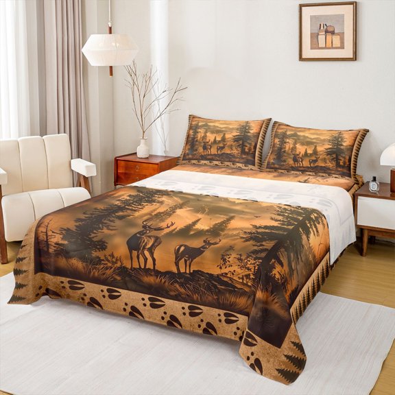 Feelyou Jungle Deer Moose Twin Sheet Sets, Brown Rustic Lake House Twin Fitted Sheet, Cartoon Woodland Wildlife Flat Sheet, Super Cozy Room Decor, 3pcs