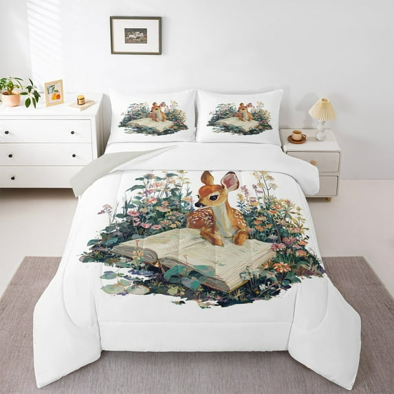 Feelyou Jungle Deer Wildlife Full Size Comforter Sets for Child, Vintage Books Bedding Comforter Set, Rustic Flower Plant Reversible Bedding Sets, Microfiber Bedroom Decor, 3-Piece