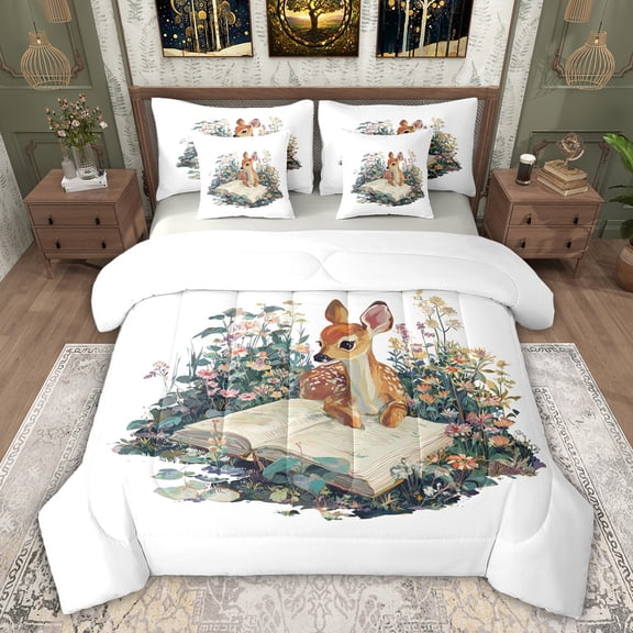 Feelyou Jungle Deer Wildlife Twin Bedding Sets 7-Piece for Child, Vintage Books Bedding Comforter Set, Rustic Flower Plant Reversible Sheet Sets, Microfiber Bedroom Decor