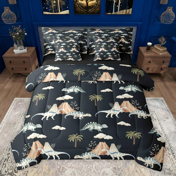 Feelyou Jungle Dinosaur Animal Bedding Comforter Set 7pcs, Rustic Coconut Tree Queen Bedding Sets, Teens kids Boys Girls Reversible Queen Sheet Sets, Super Cozy Room Decor