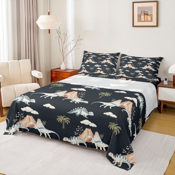 Feelyou Jungle Dinosaur Animal Queen Sheet Sets, Rustic Coconut Tree Flat Sheet, Teens kids Boys Girls Queen Fitted Sheet, Super Cozy Room Decor, 4 Pieces