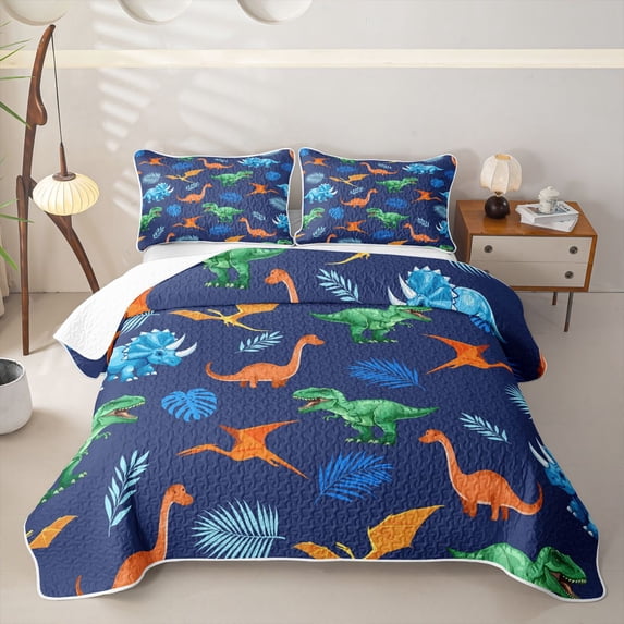 Feelyou Jungle Dinosaur Bed Spread Queen for Boys Girls Bedding, Tropical Palm Dino Queen Coverlet Set, Navy, 3 Pieces