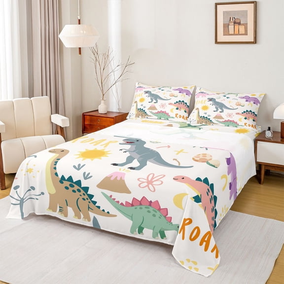 Feelyou Jungle Dinosaur Kids Queen Sheet Sets, Kawaii Dino Animal Flat Sheet, Cartoon Flower Sun Queen Fitted Sheet, Lightweight Room Decor, 4 Pieces