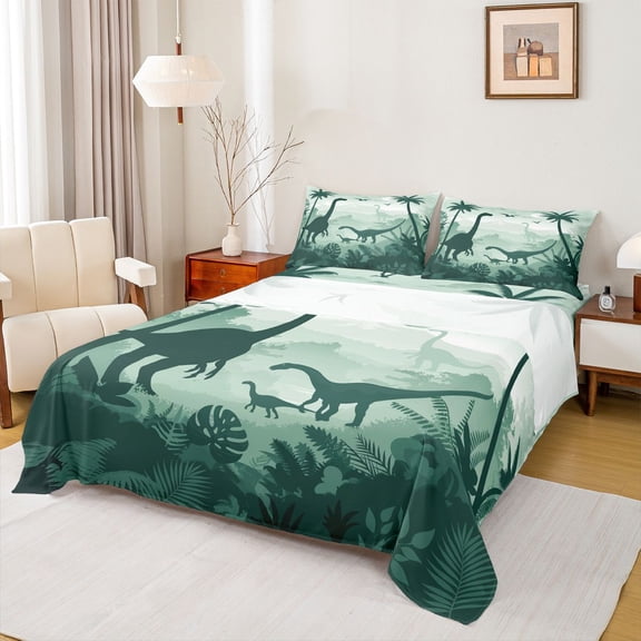 Feelyou Jungle Dinosaur Print Bed Sheets for Teens, Palm Leaf Coconut Tree King Sheets, Cartoon Animal Sheet Set, Microfiber Bedroom Decor, 4-Piece