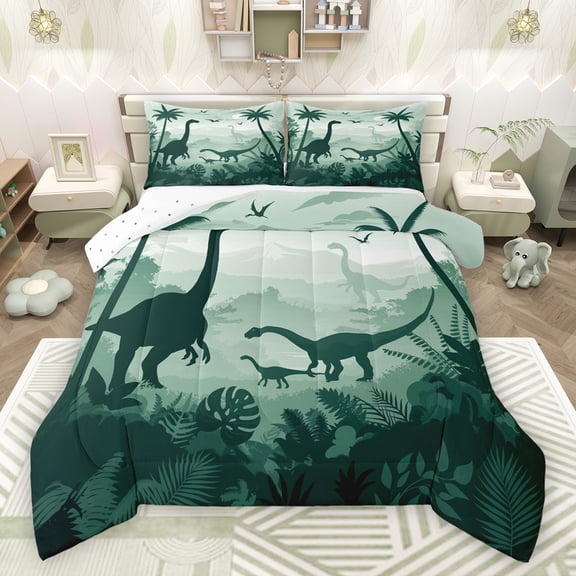 Feelyou Jungle Dinosaur Print Bedding Comforter Set for Teens, Palm Leaf Coconut Tree Twin Comforter Sets, Cartoon Animal Reversible Bedding Set, Microfiber Bedroom Decor, 2-Piece