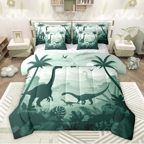 Feelyou Jungle Dinosaur Print Twin Bedding Sets 7-Piece for Teens, Palm Leaf Coconut Tree Bedding Comforter Set, Cartoon Animal Reversible Sheet Sets, Microfiber Bedroom Decor
