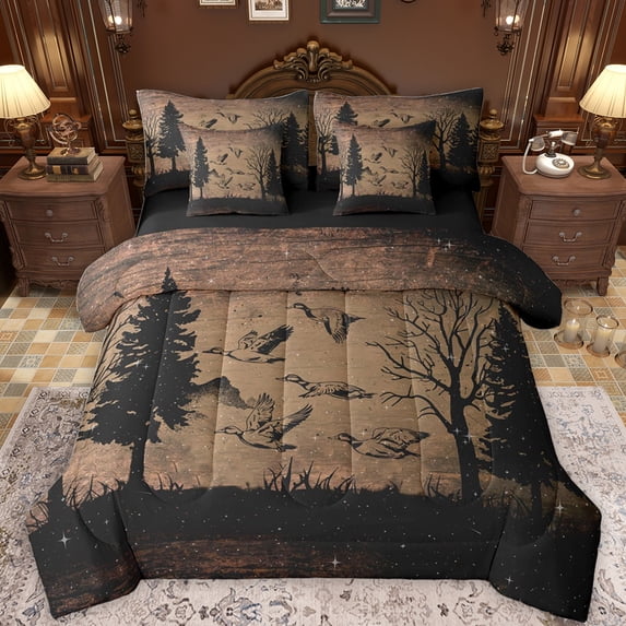 Feelyou Jungle Duck Kids Bedding Comforter Set 7pcs, Rustic Tree Plant Botanical King Bedding Sets, Countryside Reversible Bed Sheets, Microfiber Bedroom Decor