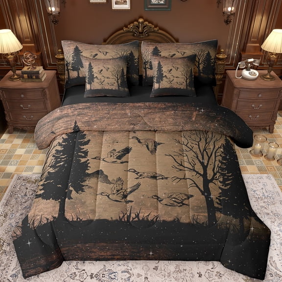 Feelyou Jungle Duck Kids Bedding Comforter Set 7pcs, Rustic Tree Plant Botanical Queen Bedding Sets, Countryside Reversible Queen Sheet Sets, Microfiber Bedroom Decor