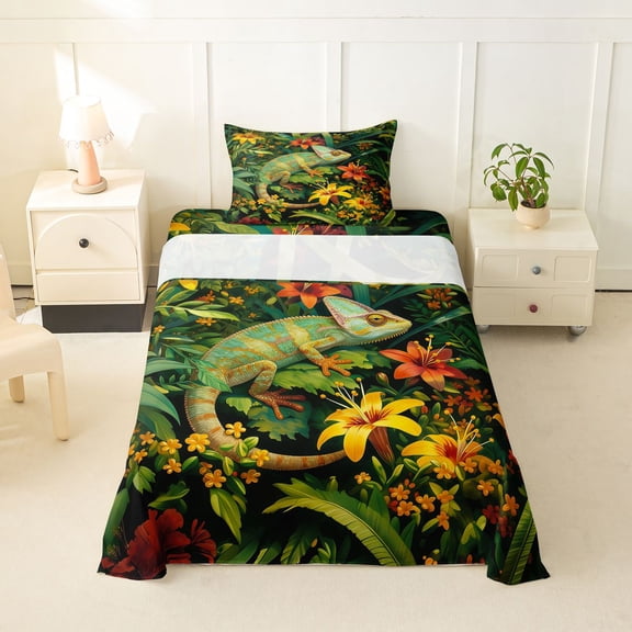 Feelyou Jungle Flower Lizard Twin Sheet Sets for Boys Girls Kids, Tropical Rainforest Wildlife Bedding, Green, 3-Piece