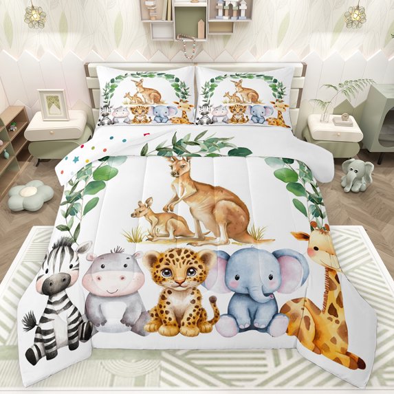 Feelyou Jungle Kangaroo Family Full Size Comforter Sets, Cartoon Cheetah Elephant Zebra Lover Bedding Comforter Set, Teens Kids Boys Girls Reversible Bedding Sets, Luxury Bedroom Decor, 3 Pieces