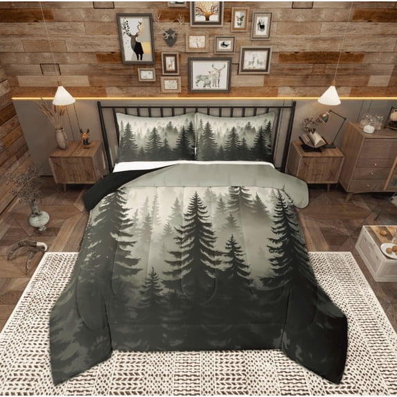 Feelyou Jungle Landscaple Full Size Comforter Sets, Rustic Pine Tree Bedding Comforter Set, Farmhouse Botanical Reversible Bedding Sets, Breathable Home Decor,3 Pieces