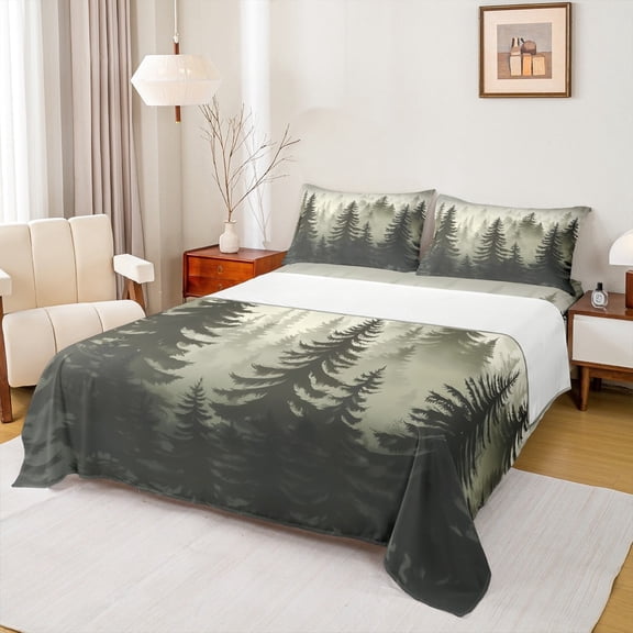 Feelyou Jungle Landscaple Queen Sheet Sets, Rustic Pine Tree Flat Sheet, Farmhouse Botanical Queen Fitted Sheet, Breathable Home Decor,4 Pieces