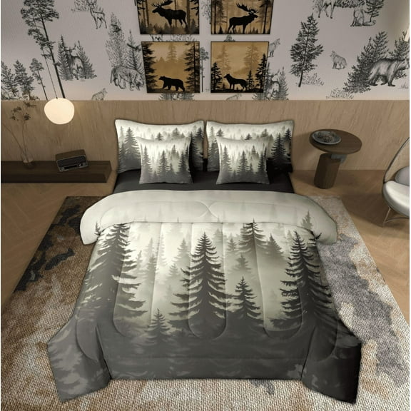 Feelyou Jungle Landscaple Twin Bedding Sets 7-Piece, Rustic Pine Tree Bedding Comforter Set, Farmhouse Botanical Reversible Sheet Sets, Breathable Home Decor
