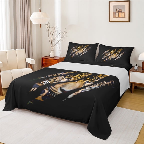 Feelyou Jungle Leopard Animal Bed Sheets, 3D Wildlife Cheetah King Sheets, Rustic Animal Theme Sheet Set, Breathable Home Decor, 4-Piece