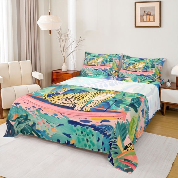Feelyou Jungle Leopard Animal Bed Sheets, Rustic Wildlife Cheetah King Sheets, Watercolor Leaf Flower Sheet Set, Lightweight Room Decor, 4 Pieces