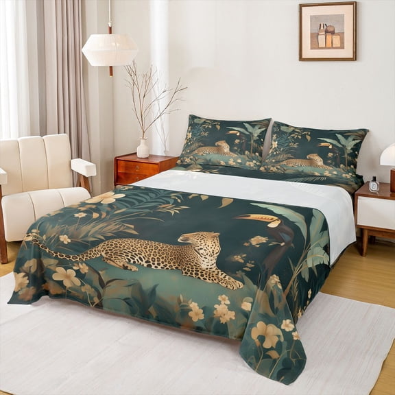 Feelyou Jungle Leopard Animal Bed Sheets, Wildlife Cheetah Lover King Sheets, Rustic Leaf Flower Sheet Set, Super Cozy Room Decor, 4 Pieces