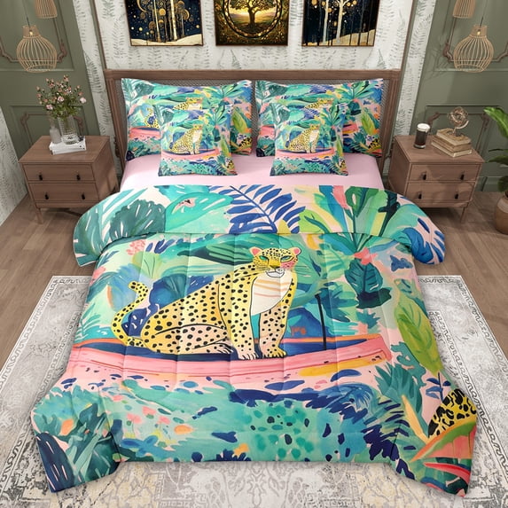 Feelyou Jungle Leopard Animal Bedding Comforter Set 7pcs, Rustic Wildlife Cheetah Queen Bedding Sets, Watercolor Leaf Flower Reversible Queen Sheet Sets, Lightweight Room Decor