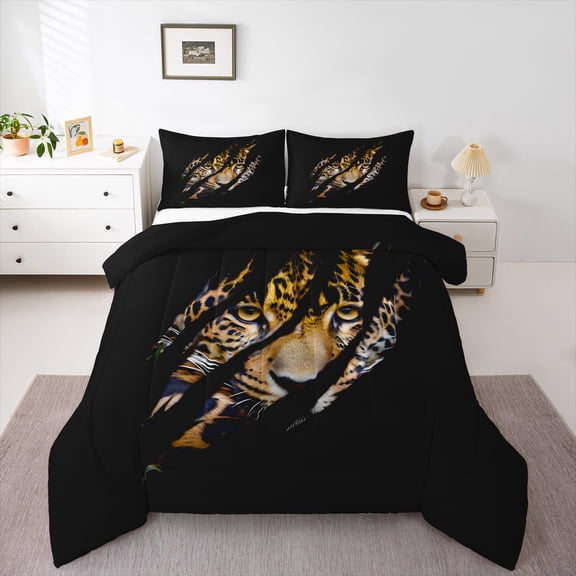 Feelyou Jungle Leopard Animal Queen Comforter Set, 3D Wildlife Cheetah Bedding Sets, Rustic Animal Theme Reversible Bedding Comforter Set, Breathable Home Decor, 3-Piece