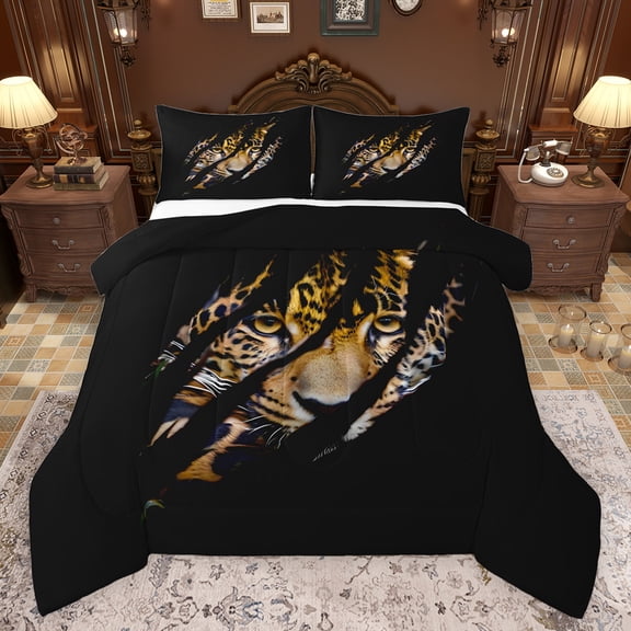 Feelyou Jungle Leopard Animal Queen Comforter Set, 3D Wildlife Cheetah Bedding Sets, Rustic Animal Theme Reversible Bedding Comforter Set, Breathable Home Decor, 3-Piece
