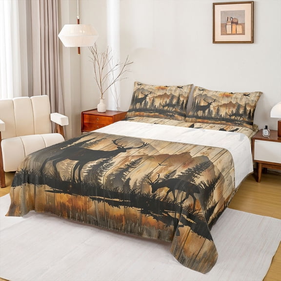 Feelyou Jungle Moose Deer Twin Sheet Sets, Rustic Mountain Bedding, 3 Pieces