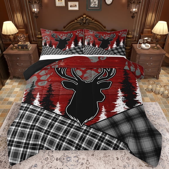 Feelyou Jungle Moose Elk Boys Queen Comforter Set, Rustic Western Plaid Bedding Sets, Red Farmhouse Theme Reversible Bedding Comforter Set, Lightweight Room Decor, 3 Pieces
