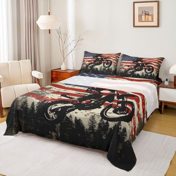 Feelyou Jungle Motorcycle Sport Full Size Sheets for Teen, Rustic Farmhouse Bed Sheets, Vintage American Flag Sheet Sets, Ultra Soft Bedroom Decor, 4 Pieces