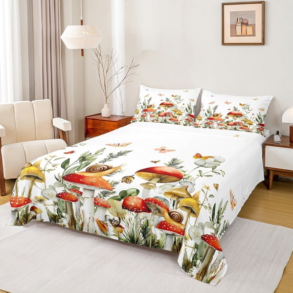 Feelyou Jungle Mushroom Full Size Sheets, Kawaii Snail Butterfly Bed Sheets, Cartoon Plant Botanical Sheet Sets, Breathable Home Decor, 4 Pieces