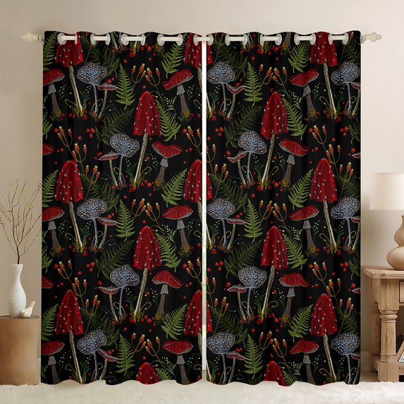 Feelyou Jungle Mushroom Kids Curtains Pack of 2 (42x84 Each), Rustic Leaves Plant Curtains Blackout, Cartoon Botanical Theme Bedroom Curtains, Blackout Curtains Bedroom Decor