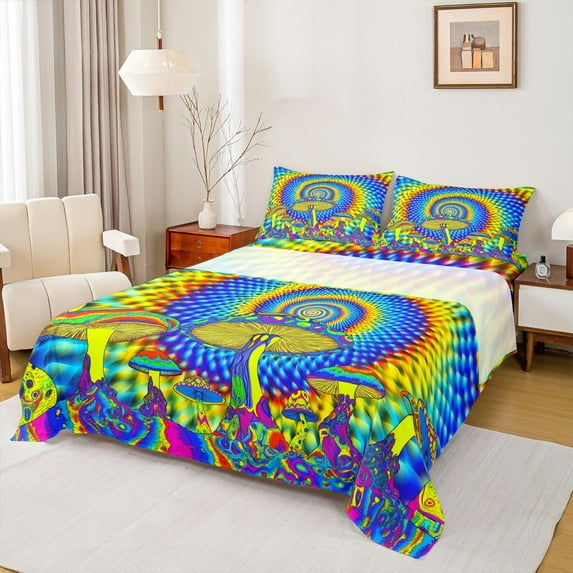 Feelyou Jungle Mushroom Plant Queen Sheet Sets, Boho Swirl Spiral Bed Set, 4-Piece
