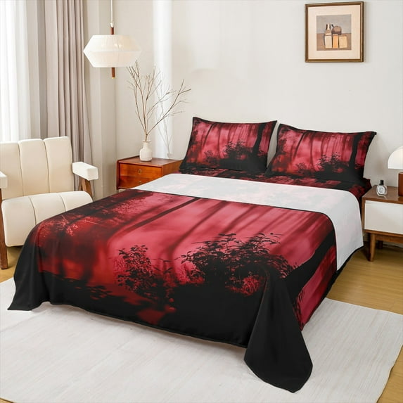 Feelyou Jungle Nature Scenery Bed Sheets for Adult, Red Natural Pine Tree King Sheets, Countryside Sheet Set, Ultra Soft Home Decor, 4-Piece