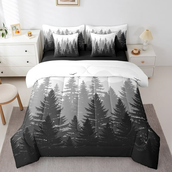 Feelyou Jungle Nature Scenery Bedding Comforter Set 7-Piece for Adult, Natural Pine Tree King Bedding Sets, Countryside Reversible Bed Sheets, Breathable Home Decor
