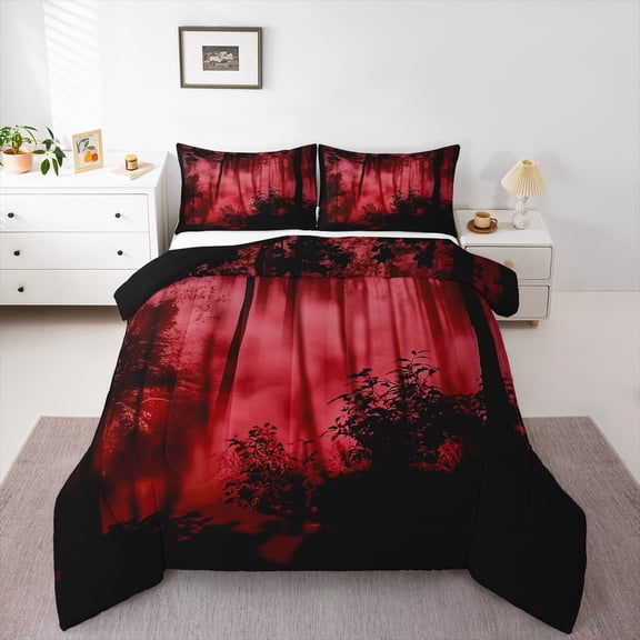 Feelyou Jungle Nature Scenery Queen Comforter Set for Adult, Red Natural Pine Tree Bedding Sets, Countryside Reversible Bedding Comforter Set, Ultra Soft Home Decor, 3-Piece