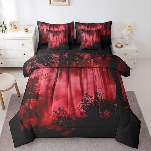 Feelyou Jungle Nature Scenery Twin Bedding Sets 7-Piece for Adult, Red Natural Pine Tree Bedding Comforter Set, Countryside Reversible Sheet Sets, Ultra Soft Home Decor