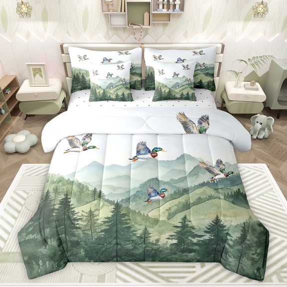 Feelyou Jungle Nature Scenery Twin Bedding Sets 7-Piece, Cartoon Wildlife Duck Bedding Comforter Set, Rustic Farmhouse Reversible Sheet Sets, Luxury Bedroom Decor