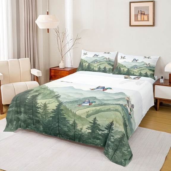 Feelyou Jungle Nature Scenery Twin Sheet Sets, Cartoon Wildlife Duck Twin Fitted Sheet, Rustic Farmhouse Flat Sheet, Luxury Bedroom Decor, 3 Pieces