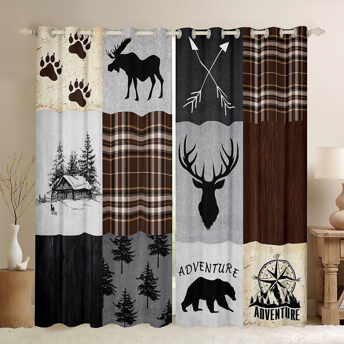 Feelyou Jungle Reindeer Bear Black Out Curtains for Men, Vintage Brown ...
