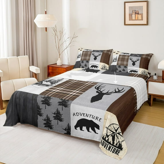 Feelyou Jungle Reindeer Bear Full Size Sheets for Men, Vintage Brown Patchwork Bed Sheets, Rustic Farmhouse Theme Sheet Sets, Lightweight Room Decor, 4-Piece