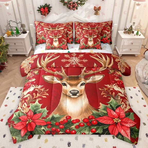 Feelyou Jungle Reindeer Kids Bedding Comforter Set 7 Pieces, Rustic Xmas Poinsettia Full Bedding Set, Retro Western Fashion Reversible Fitted Sheet Flat Sheet, Lightweight Room Decor