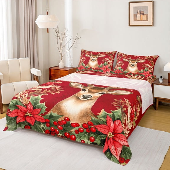 Feelyou Jungle Reindeer Kids Queen Sheet Sets, Rustic Xmas Poinsettia Flat Sheet, Retro Western Fashion Queen Fitted Sheet, Lightweight Room Decor, 4-Piece