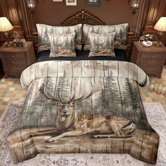 Feelyou Jungle Reindeer Moose Bedding Comforter Set 7 Pieces, Countryside Animal Full Bedding Set, Rustic Wooden Plank Reversible Fitted Sheet Flat Sheet, Super Cozy Room Decor