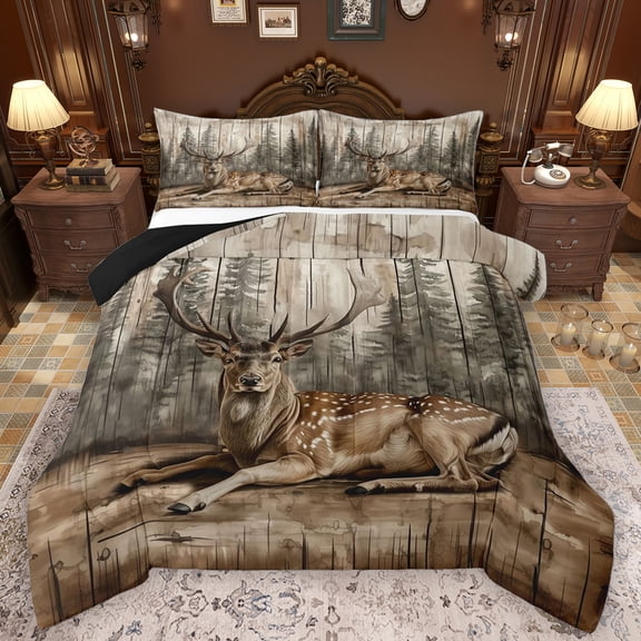 Feelyou Jungle Reindeer Moose Bedding Comforter Set, Countryside Animal Twin Comforter Sets, Rustic Wooden Plank Reversible Bedding Set, Super Cozy Room Decor, 2 Pieces