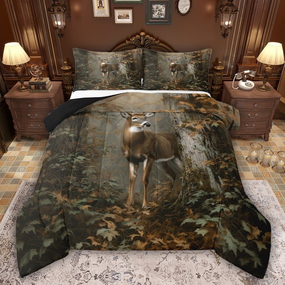 Feelyou Jungle Reindeer Moose Twin Comforter Sets, Tree Leaf Plant Bedding Set, 2pcs