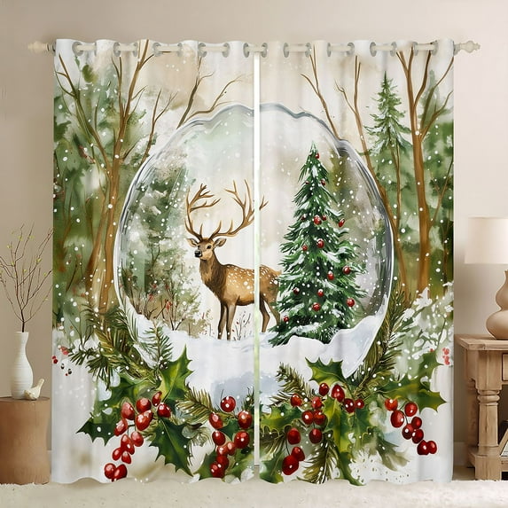 Feelyou Jungle Reindeer Wildlife Black Out Curtains, Christmas Leaf Flower Curtains Pack of 2 (42x63 Each), Teens Kids Boys Girls Bedroom Curtains, Living Room Curtains Decor